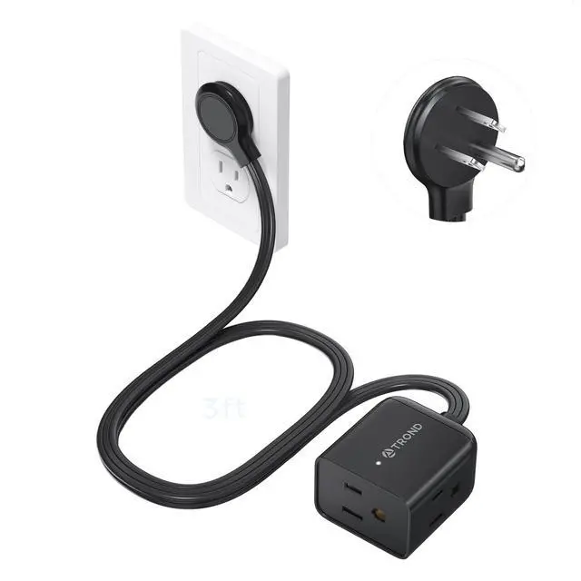 Main image of Short Flat Extension Cord 3ft - Right Angled Flat Plug Power Strip, ETL Listed, 3 Plug Extension Outlets, Three Prong, 16 Gauge Wire, 13A, Small for Indoor Home Office Cruise Ship Travel, Black