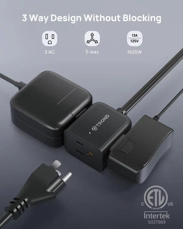 Alt view image 2 of 7 - Short Flat Extension Cord 3ft - Right Angled Flat Plug Power Strip, ETL Listed, 3 Plug Extension Outlets, Three Prong, 16 Gauge Wire, 13A, Small for Indoor Home Office Cruise Ship Travel, Black