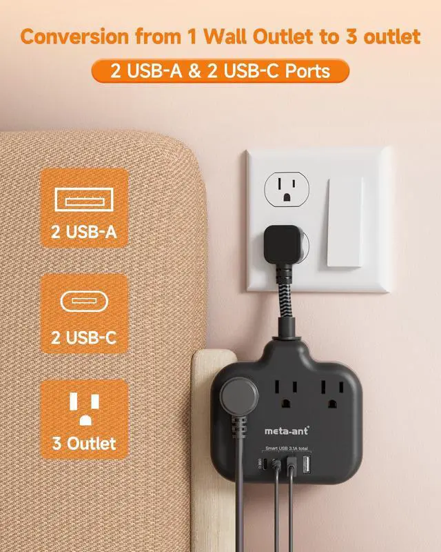 Alt view image 2 of 7 - Short Extension Cord 3 Inch, Flat Plug Small Power Strip with 3 AC & 4 USB(1 USB-C), 1875W/15A, Multi Plug Outlet Extender, Non-Surge Protection for Cruise Travel Dorm Kitchen, Black