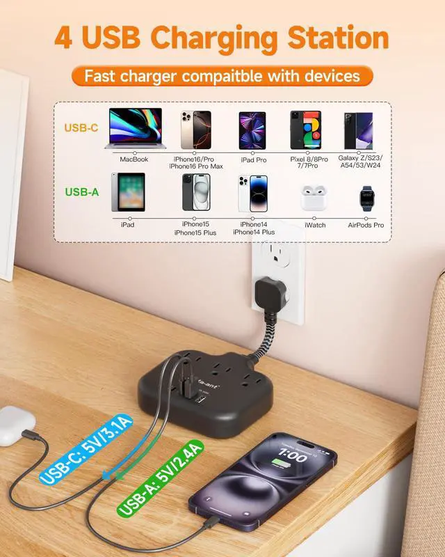 Alt view image 3 of 7 - Short Extension Cord 3 Inch, Flat Plug Small Power Strip with 3 AC & 4 USB(1 USB-C), 1875W/15A, Multi Plug Outlet Extender, Non-Surge Protection for Cruise Travel Dorm Kitchen, Black