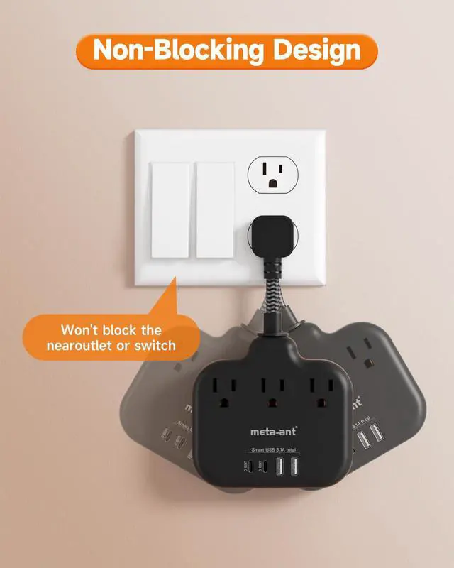 Alt view image 4 of 7 - Short Extension Cord 3 Inch, Flat Plug Small Power Strip with 3 AC & 4 USB(1 USB-C), 1875W/15A, Multi Plug Outlet Extender, Non-Surge Protection for Cruise Travel Dorm Kitchen, Black