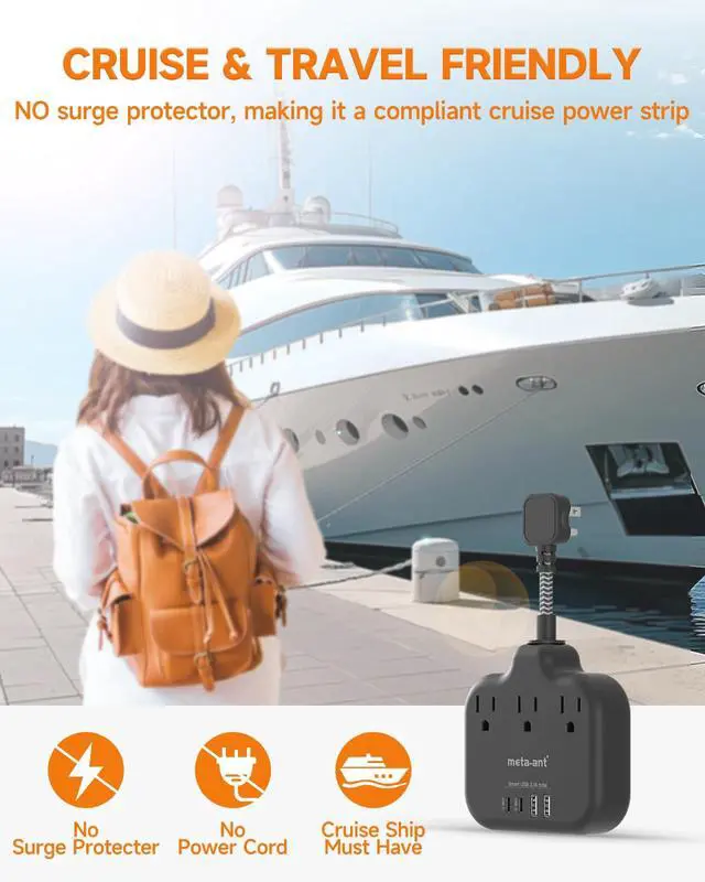 Alt view image 6 of 7 - Short Extension Cord 3 Inch, Flat Plug Small Power Strip with 3 AC & 4 USB(1 USB-C), 1875W/15A, Multi Plug Outlet Extender, Non-Surge Protection for Cruise Travel Dorm Kitchen, Black