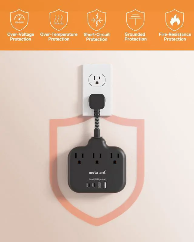 Alt view image 7 of 7 - Short Extension Cord 3 Inch, Flat Plug Small Power Strip with 3 AC & 4 USB(1 USB-C), 1875W/15A, Multi Plug Outlet Extender, Non-Surge Protection for Cruise Travel Dorm Kitchen, Black