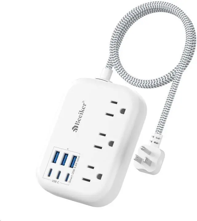Main image of Short Extension Cord 2 Foot- 6 USB(3 USB C) Travel Power Strip with 24W USB Charging Station and 3 Outlets, 2ft Small Flat Plug Extension Cord Surge Protector for Travel Home College Dorm 13A