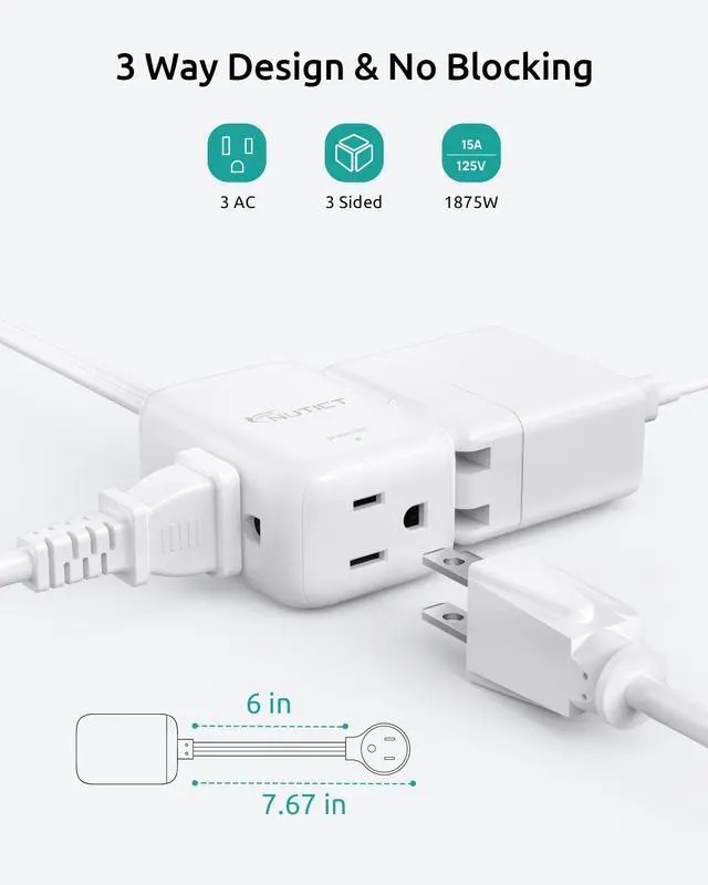 Alt view image 3 of 7 - Short Extension Cord 6 Inch, 3 Outlet Extender with 900J Surge Protector, 15A/1875W, ETL Listed, 3 Prong Grounded Plug Outlet Splitter for Travel Kitchen Bathroom Office Tight Spaces, White