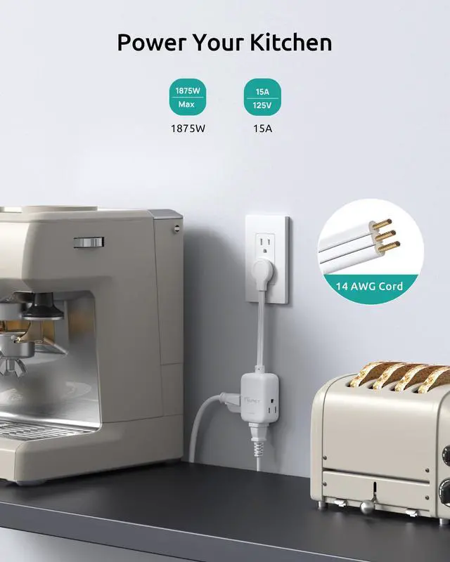 Alt view image 5 of 7 - Short Extension Cord 6 Inch, 3 Outlet Extender with 900J Surge Protector, 15A/1875W, ETL Listed, 3 Prong Grounded Plug Outlet Splitter for Travel Kitchen Bathroom Office Tight Spaces, White