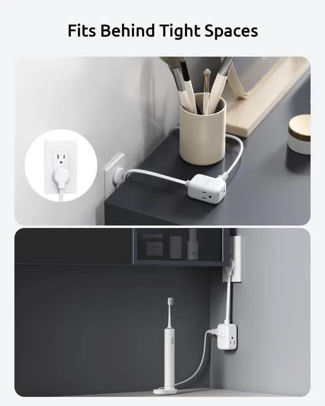 Alt view image 7 of 7 - Short Extension Cord 6 Inch, 3 Outlet Extender with 900J Surge Protector, 15A/1875W, ETL Listed, 3 Prong Grounded Plug Outlet Splitter for Travel Kitchen Bathroom Office Tight Spaces, White