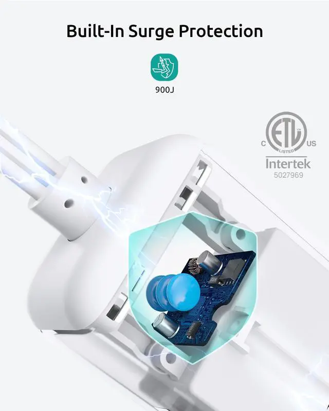 Alt view image 6 of 7 - Short Extension Cord 6 Inch, 3 Outlet Extender with 900J Surge Protector, 15A/1875W, ETL Listed, 3 Prong Grounded Plug Outlet Splitter for Travel Kitchen Bathroom Office Tight Spaces, White