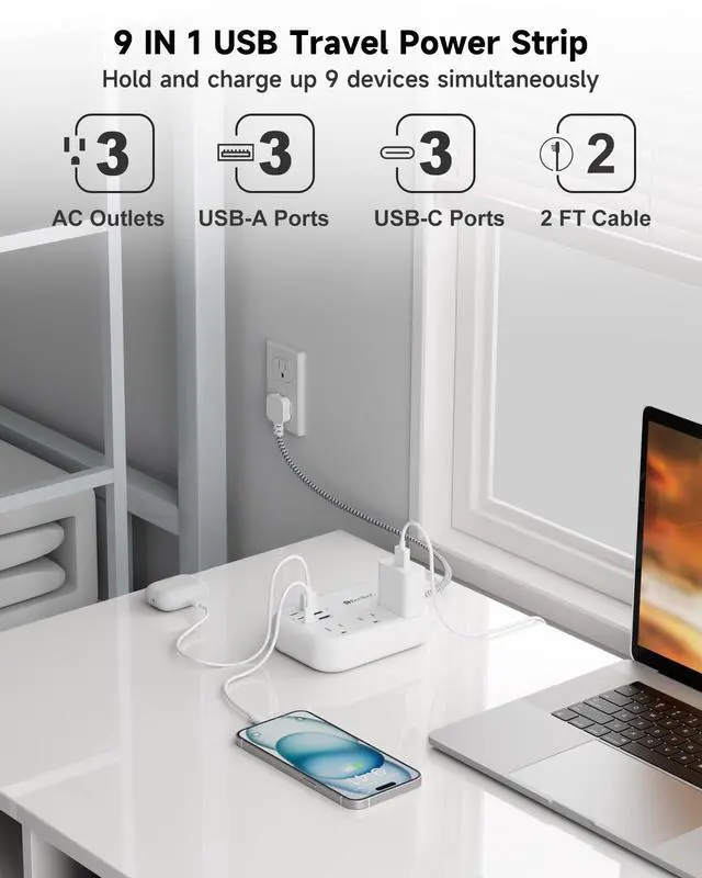 Alt view image 3 of 7 - Short Extension Cord 2 Foot- 6 USB(3 USB C) Travel Power Strip with 24W USB Charging Station and 3 Outlets, 2ft Small Flat Plug Extension Cord Surge Protector for Travel Home College Dorm 13A