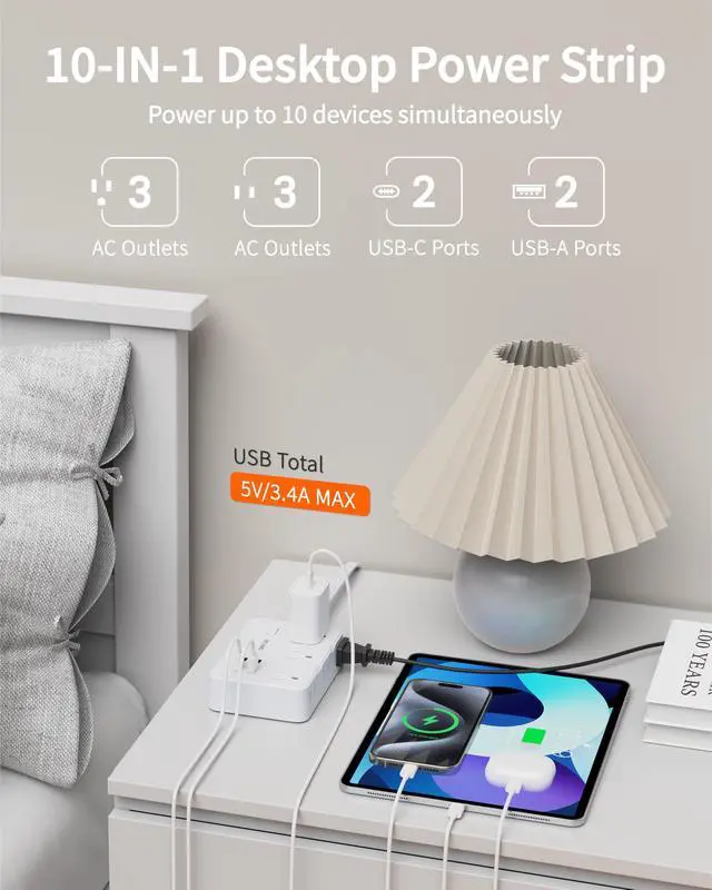 Alt view image 2 of 7 - Surge Protector Power Strip with Flat Plug, 5 FT Extension Cord with 6 AC Outlets 4 USB Ports(2 USB-C),1050J Surge Protection, Wall Mountable Charging Station for Office, Home, White