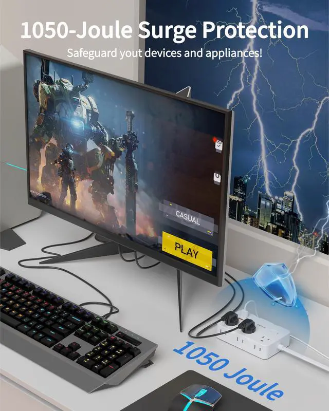 Alt view image 3 of 7 - Surge Protector Power Strip with Flat Plug, 5 FT Extension Cord with 6 AC Outlets 4 USB Ports(2 USB-C),1050J Surge Protection, Wall Mountable Charging Station for Office, Home, White