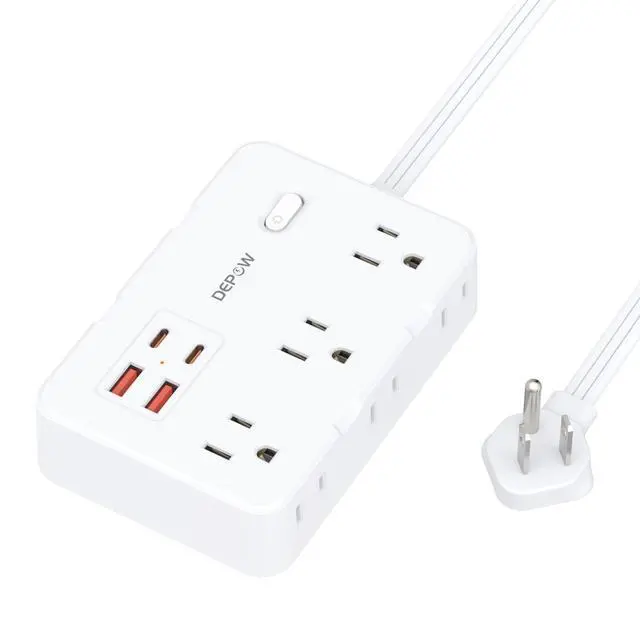 Alt view image 7 of 7 - Surge Protector Power Strip with Flat Plug, 5 FT Extension Cord with 6 AC Outlets 4 USB Ports(2 USB-C),1050J Surge Protection, Wall Mountable Charging Station for Office, Home, White