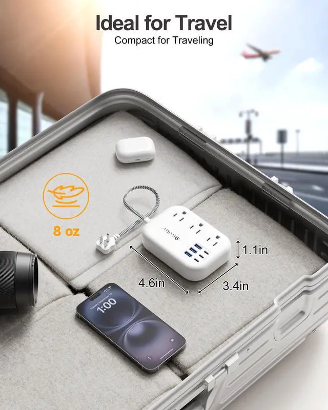 Alt view image 4 of 7 - Short Extension Cord 2 Foot- 6 USB(3 USB C) Travel Power Strip with 24W USB Charging Station and 3 Outlets, 2ft Small Flat Plug Extension Cord Surge Protector for Travel Home College Dorm 13A