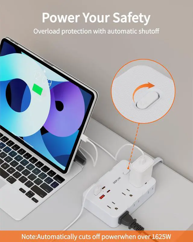 Alt view image 5 of 7 - Surge Protector Power Strip with Flat Plug, 5 FT Extension Cord with 6 AC Outlets 4 USB Ports(2 USB-C),1050J Surge Protection, Wall Mountable Charging Station for Office, Home, White