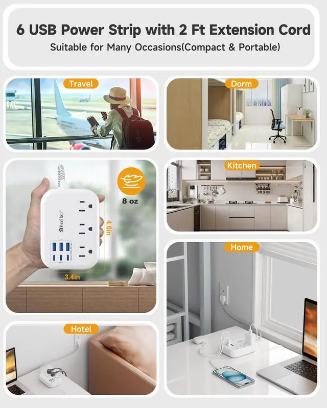 Alt view image 7 of 7 - Short Extension Cord 2 Foot- 6 USB(3 USB C) Travel Power Strip with 24W USB Charging Station and 3 Outlets, 2ft Small Flat Plug Extension Cord Surge Protector for Travel Home College Dorm 13A