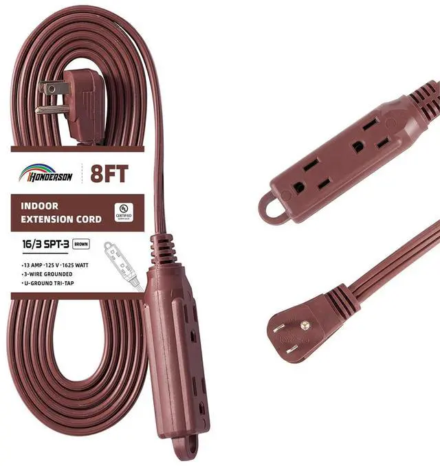 Main image of 3-Outlets Flat Plug Extension Cord Outlet Extender, UL Certified, Indoor Extension Cord 16 Gauge 8FT Brown 3 Prong, 16/3 SPT-3 13A Power Strip