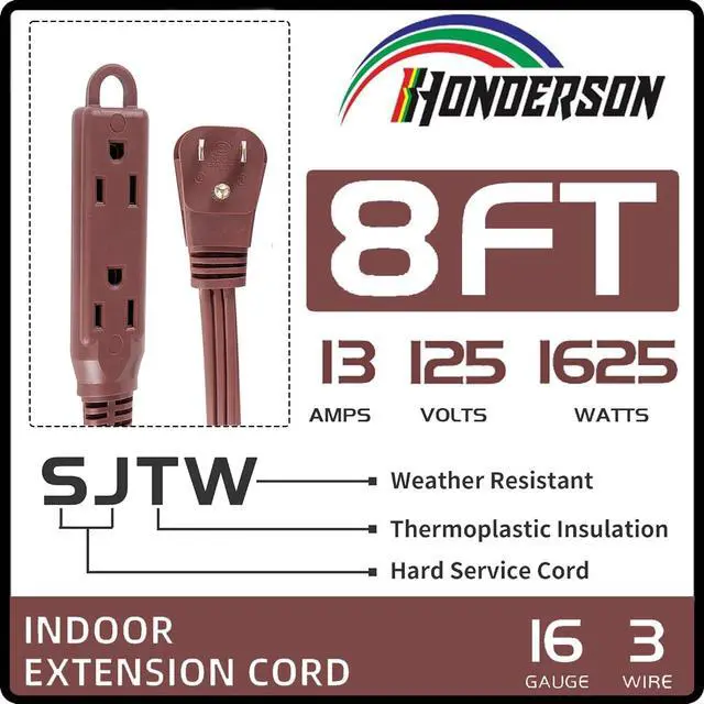 Alt view image 2 of 7 - 3-Outlets Flat Plug Extension Cord Outlet Extender, UL Certified, Indoor Extension Cord 16 Gauge 8FT Brown 3 Prong, 16/3 SPT-3 13A Power Strip