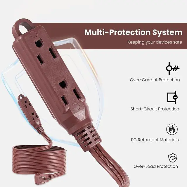 Alt view image 4 of 7 - 3-Outlets Flat Plug Extension Cord Outlet Extender, UL Certified, Indoor Extension Cord 16 Gauge 8FT Brown 3 Prong, 16/3 SPT-3 13A Power Strip