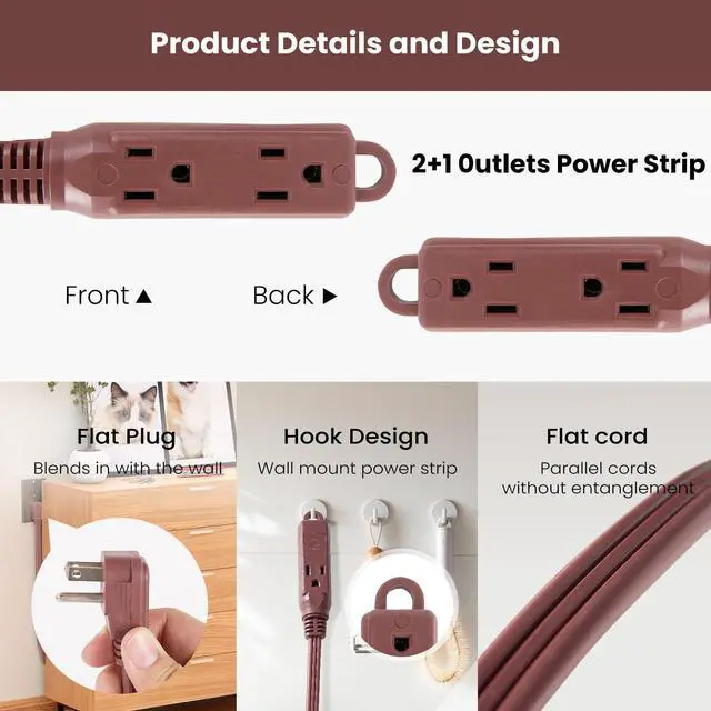 Alt view image 6 of 7 - 3-Outlets Flat Plug Extension Cord Outlet Extender, UL Certified, Indoor Extension Cord 16 Gauge 8FT Brown 3 Prong, 16/3 SPT-3 13A Power Strip