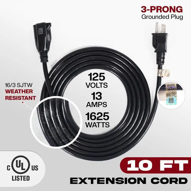 Alt view image 2 of 7 - 10ft Black Extension Cord, 16/3 SJTW Heavy-Duty, 10' Cable 3-Prong Grounded Plug, Weather-Resistant Power Strip, UL Listed, 13 Amp/1625 Watt Capacity, 10-Foot Extension Cords for Indoor/Outdoor