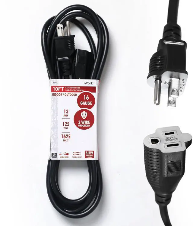 Main image of 10ft Black Extension Cord, 16/3 SJTW Heavy-Duty, 10' Cable 3-Prong Grounded Plug, Weather-Resistant Power Strip, UL Listed, 13 Amp/1625 Watt Capacity, 10-Foot Extension Cords for Indoor/Outdoor