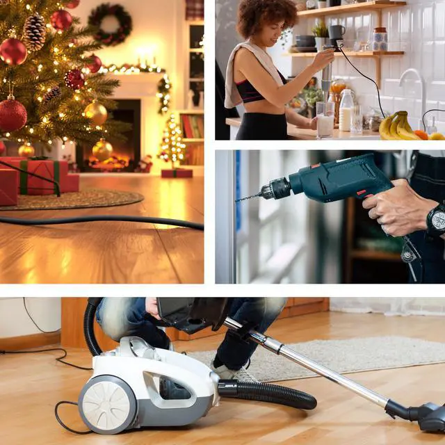 Alt view image 6 of 7 - 10ft Black Extension Cord, 16/3 SJTW Heavy-Duty, 10' Cable 3-Prong Grounded Plug, Weather-Resistant Power Strip, UL Listed, 13 Amp/1625 Watt Capacity, 10-Foot Extension Cords for Indoor/Outdoor