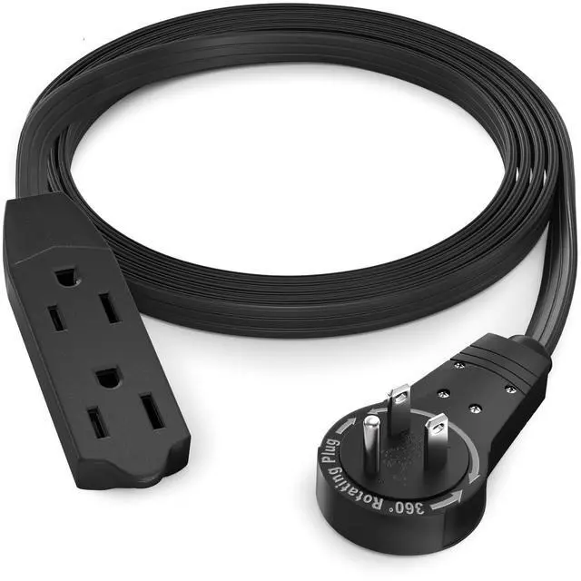 Main image of Cable 4 Ft 360° Rotating Flat Plug Extension Cord, 16/3 AWG Multi 3 Outlet 3-Prong Grounded Wire- Black - UL Certified