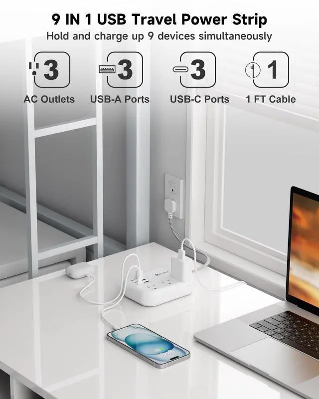 Alt view image 3 of 7 - Short Extension Cord 1 Ft- 6 USB(3 USB C) Travel Power Strip with 24W USB Charging Station and 3 Outlets, 1Ft Small Flat Plug Extension Cord Surge Protector for Travel Home College Dorm 1625W