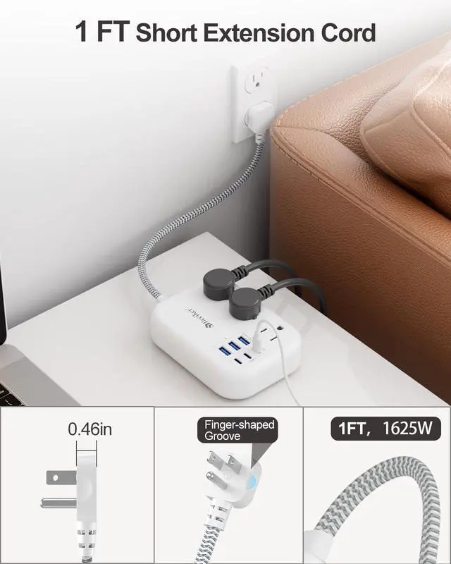 Alt view image 5 of 7 - Short Extension Cord 1 Ft- 6 USB(3 USB C) Travel Power Strip with 24W USB Charging Station and 3 Outlets, 1Ft Small Flat Plug Extension Cord Surge Protector for Travel Home College Dorm 1625W