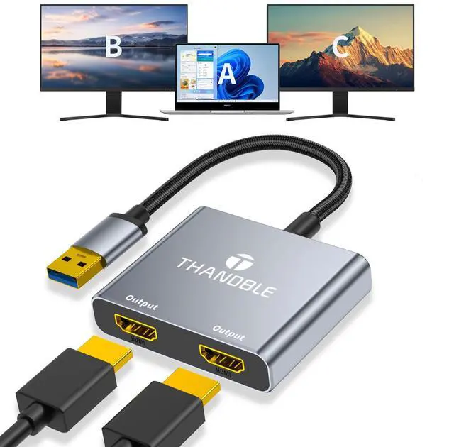 Main image of USB to Dual HDMI Adapter 1080P 60Hz, USB A 3.0 to HDMI Adapter for Laptop, PC, Desktop, Compatible with Mac OS, Windows 7/8/10/11 - Requires Driver Installation