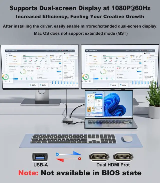 Alt view image 2 of 7 - USB to Dual HDMI Adapter 1080P 60Hz, USB A 3.0 to HDMI Adapter for Laptop, PC, Desktop, Compatible with Mac OS, Windows 7/8/10/11 - Requires Driver Installation