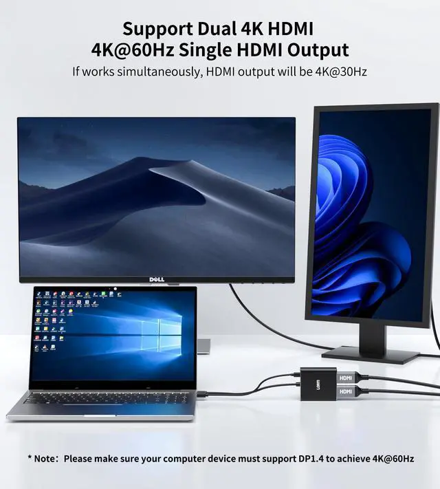 Alt view image 4 of 7 - Mini DisplayPort to Dual HDMI Adapter 4K@60Hz, MDP 1.2 to 2 HDMI Splitter, Dual hdmi Output, Supports Extended Mode and Mirror Mode, Compatible with Laptops, PCs, Monitors, Projectors, for Windows