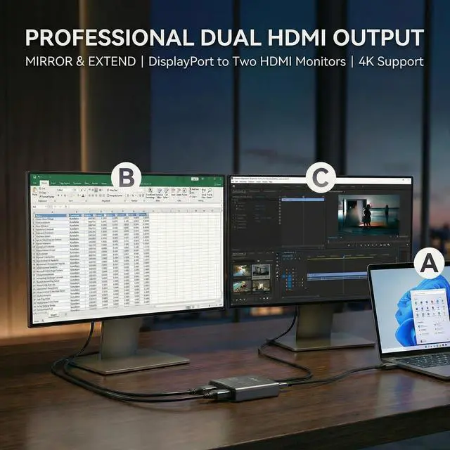 Alt view image 3 of 7 - DisplayPort to Dual HDMI Adapter 4K 60Hz Multi Monitor Splitter, Converter Dual Monitors Extended Display SST MST Hub, Display Port Extend 1 in 2 HDMI Out, DP to 2X HDMI 2.0