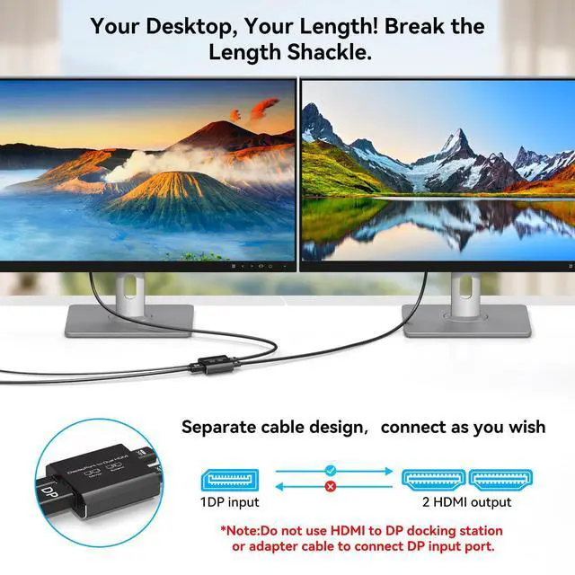 Alt view image 4 of 7 - 4K@60Hz Displayport to Dual HDMI Adapter Display Port to 2 HDMI Splitter Extended for Double Screen DisplayPort 1.2 to 2HDMI Dongle for Computer Graphics Cards Support MST & SST Mode