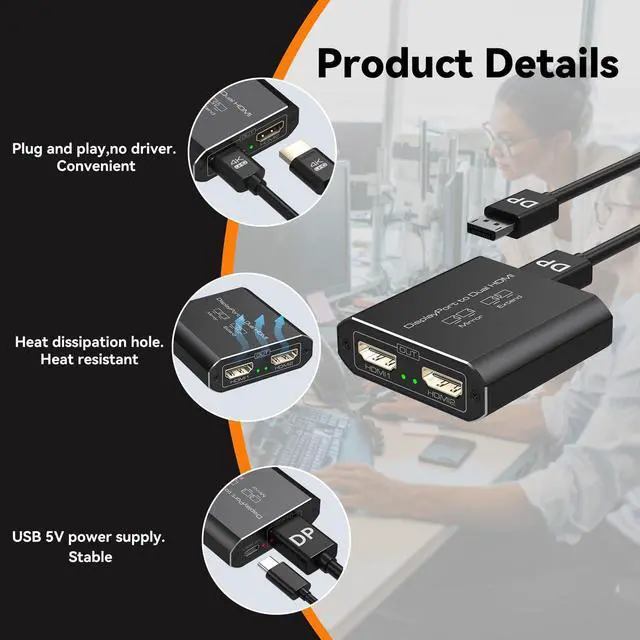 Alt view image 7 of 7 - 4K@60Hz Displayport to Dual HDMI Adapter Display Port to 2 HDMI Splitter Extended for Double Screen DisplayPort 1.2 to 2HDMI Dongle for Computer Graphics Cards Support MST & SST Mode