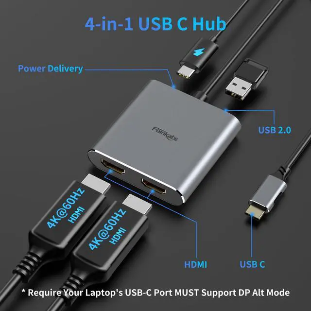 Alt view image 2 of 7 - USB C to HDMI Adapter Dual 4K@60Hz, 4 in 1 USB C to HDMI Converter with 100W PD Charging USB 3.0, USB C to HDMI Splitter Extended Display Compatible Thunderbolt 3/4