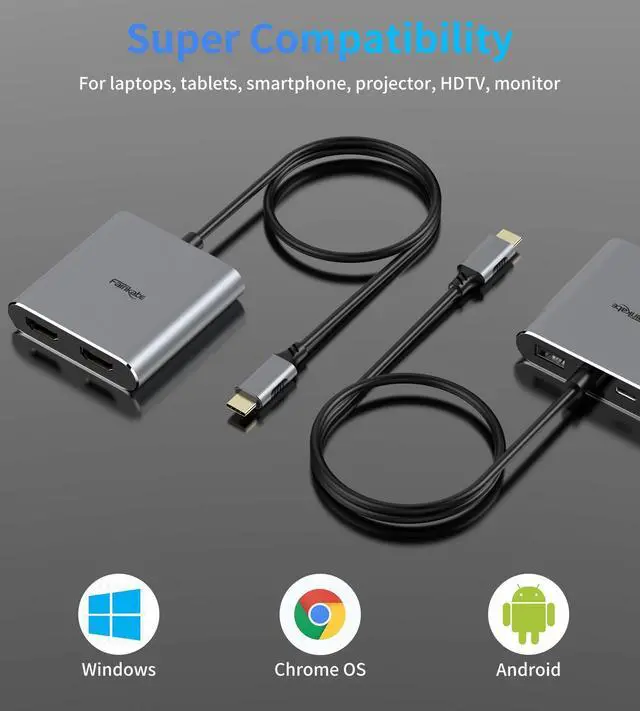 Alt view image 7 of 7 - USB C to HDMI Adapter Dual 4K@60Hz, 4 in 1 USB C to HDMI Converter with 100W PD Charging USB 3.0, USB C to HDMI Splitter Extended Display Compatible Thunderbolt 3/4