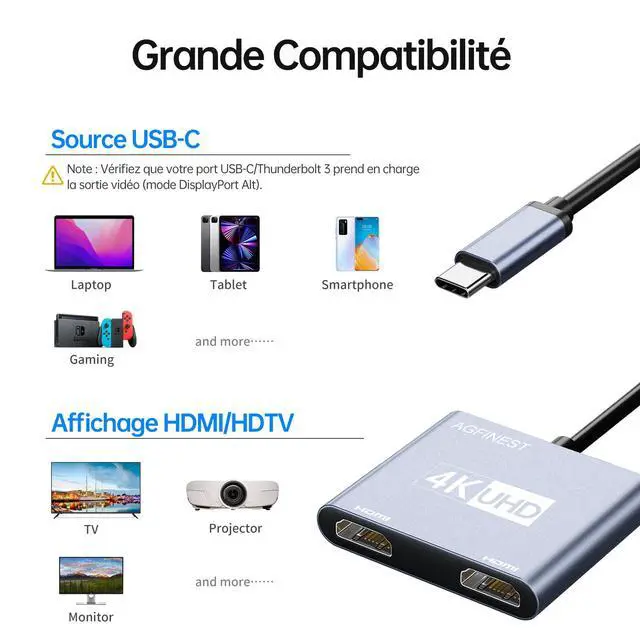 Alt view image 6 of 7 - HDMI Splitter for Dual Monitors USB-C to Dual HDMI Adapter 4K@60hz Extend Mirror Display, for MacBook Pro Air, iPad, iPhone 15, Dell XPS, ThinkPad, Spectre, Surface, Galaxy S24, Steam Deck, ROG Ally