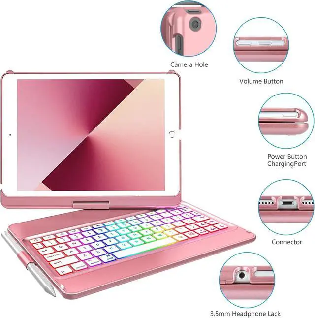 Alt view image 5 of 7 - Keyboard Case Compatible with iPad 10.2 inch 9th Gen 2021,for iPad 8th Generation 2020, 7 Color Backlit 360 Rotatable Wireless Detachable Bluetooth Keyboard Cover Tablet Case