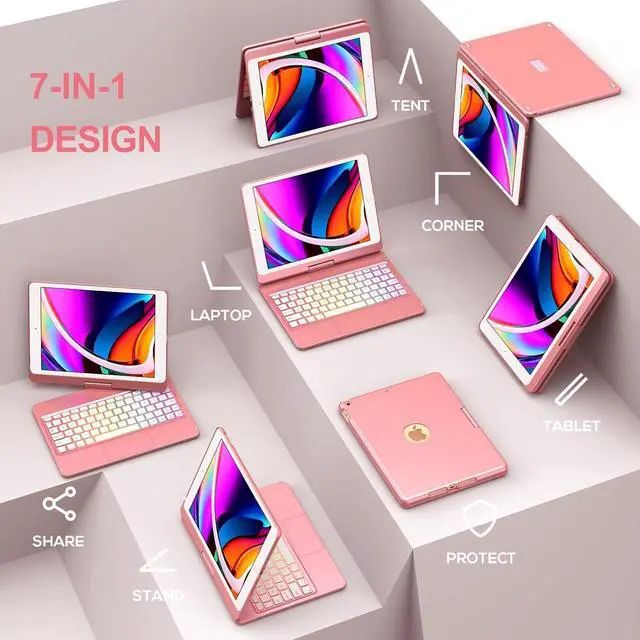 Alt view image 6 of 7 - Keyboard Case Compatible with iPad 10.2 inch 9th Gen 2021,for iPad 8th Generation 2020, 7 Color Backlit 360 Rotatable Wireless Detachable Bluetooth Keyboard Cover Tablet Case