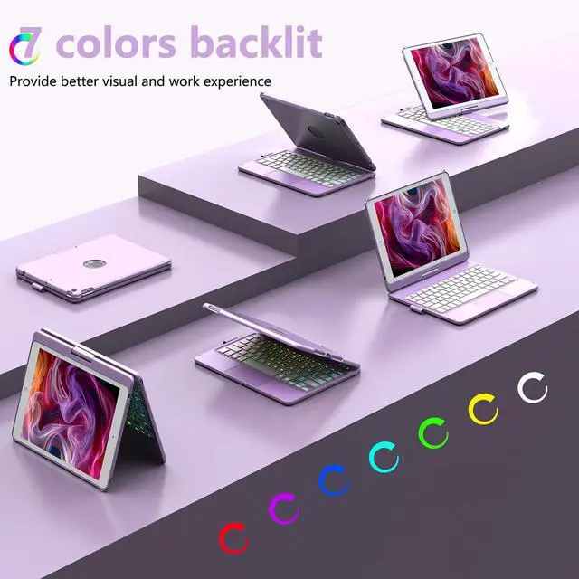 Alt view image 3 of 7 - Case with Keyboard for iPad 10.2,Touch Trackpad Keyboard Case for iPad 9th Generation/8th/7th Gen, 10 Corlor Backlit - 360° Rotatable Protective Cover with Pencil Holder (Light Purple)