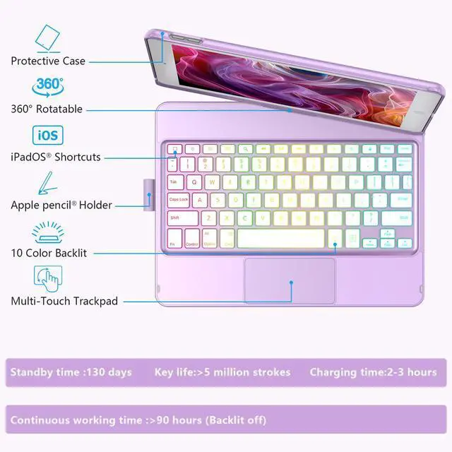Alt view image 6 of 7 - Case with Keyboard for iPad 10.2,Touch Trackpad Keyboard Case for iPad 9th Generation/8th/7th Gen, 10 Corlor Backlit - 360° Rotatable Protective Cover with Pencil Holder (Light Purple)