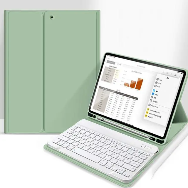 Main image of Case for iPad 9th/8th/7th Generation 10.2 inch, Stand Folio Detachable Wireless Bluetooth Keyboard Cover Soft TPU Back Case with Pencil Holder for iPad 10.2 2021/2020/2019, Light Green