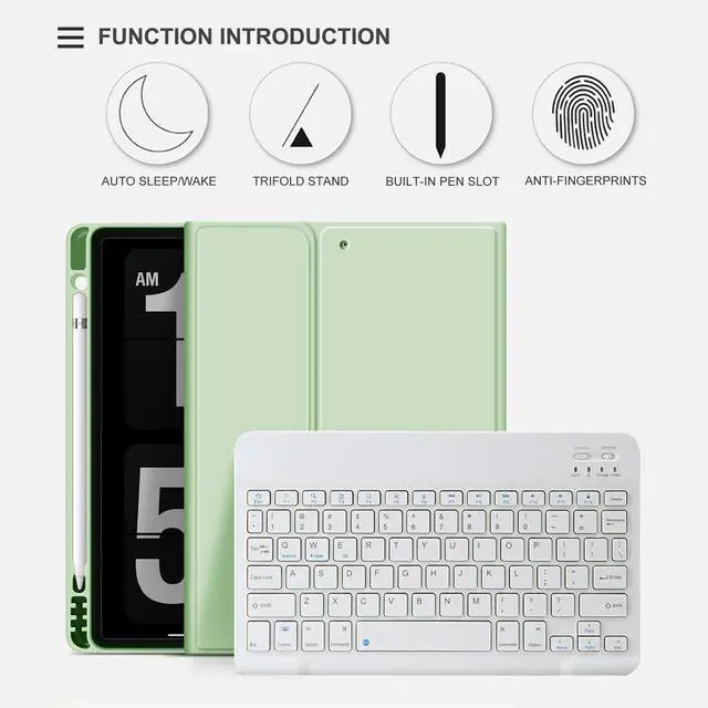Alt view image 5 of 7 - Case for iPad 9th/8th/7th Generation 10.2 inch, Stand Folio Detachable Wireless Bluetooth Keyboard Cover Soft TPU Back Case with Pencil Holder for iPad 10.2 2021/2020/2019, Light Green
