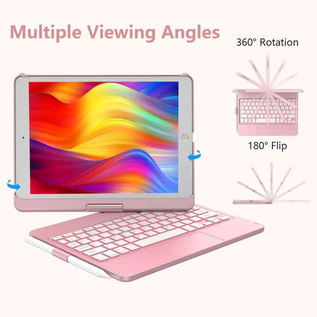 Alt view image 3 of 7 - Touchpad Keyboard Case for iPad 9th/8th/7th 10.2 inch, Backlit Trackpad Keyboard, 360°Rotatable Case with Keyboard for iPad 9th/8th/7th Gen, with Pencil Holder (Rose Gold)