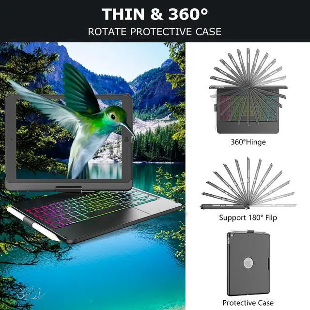 Alt view image 3 of 7 - for iPad 9th Generation Case with Keyboard 10.2 Inch - 7 Color Backlit 360° Swivel Multi-Touch with Pencil Holder for iPad 9th Gen/8th Gen/7th Gen Case with Keyboard(Black)