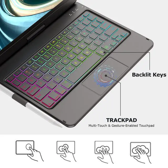 Alt view image 4 of 7 - for iPad 9th Generation Case with Keyboard 10.2 Inch - 7 Color Backlit 360° Swivel Multi-Touch with Pencil Holder for iPad 9th Gen/8th Gen/7th Gen Case with Keyboard(Black)
