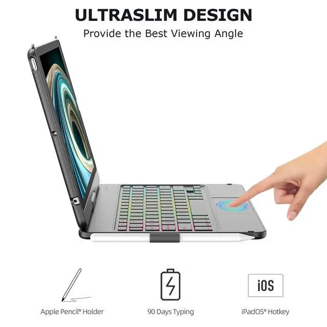 Alt view image 5 of 7 - for iPad 9th Generation Case with Keyboard 10.2 Inch - 7 Color Backlit 360° Swivel Multi-Touch with Pencil Holder for iPad 9th Gen/8th Gen/7th Gen Case with Keyboard(Black)