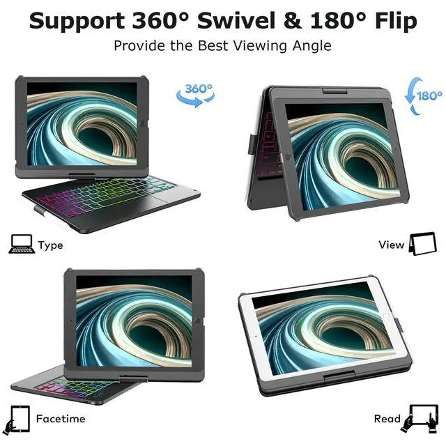 Alt view image 6 of 7 - for iPad 9th Generation Case with Keyboard 10.2 Inch - 7 Color Backlit 360° Swivel Multi-Touch with Pencil Holder for iPad 9th Gen/8th Gen/7th Gen Case with Keyboard(Black)