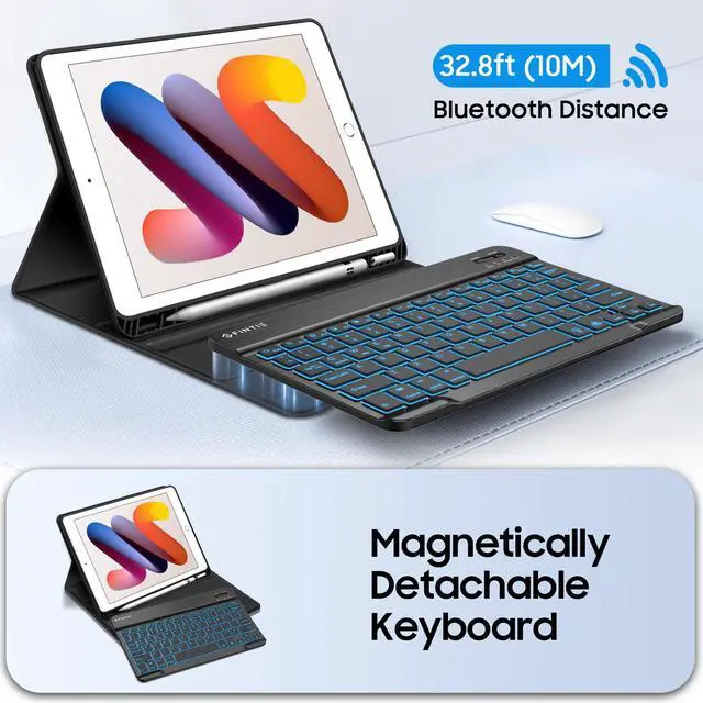 Alt view image 6 of 7 - Backlit Keyboard Case for iPad 9th / 8th / 7th Generation (2021/2020/2019) 10.2 Inch, Soft TPU Back Cover with 7 Colors Backlight Magnetically Detachable Bluetooth Keyboard, Black